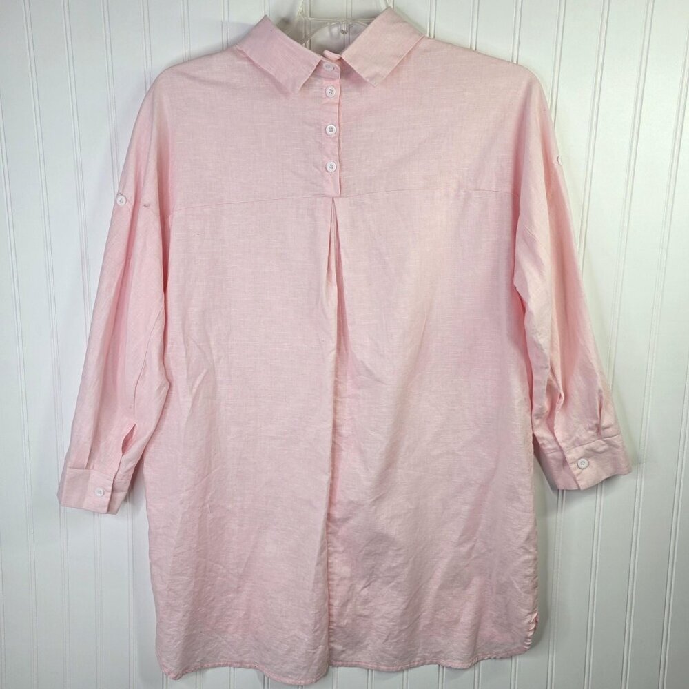 Linen Blend Tunic Shirt Womens Large Pink Button Front Roll Tab Relaxed Fit Boho - Picture 6 of 12